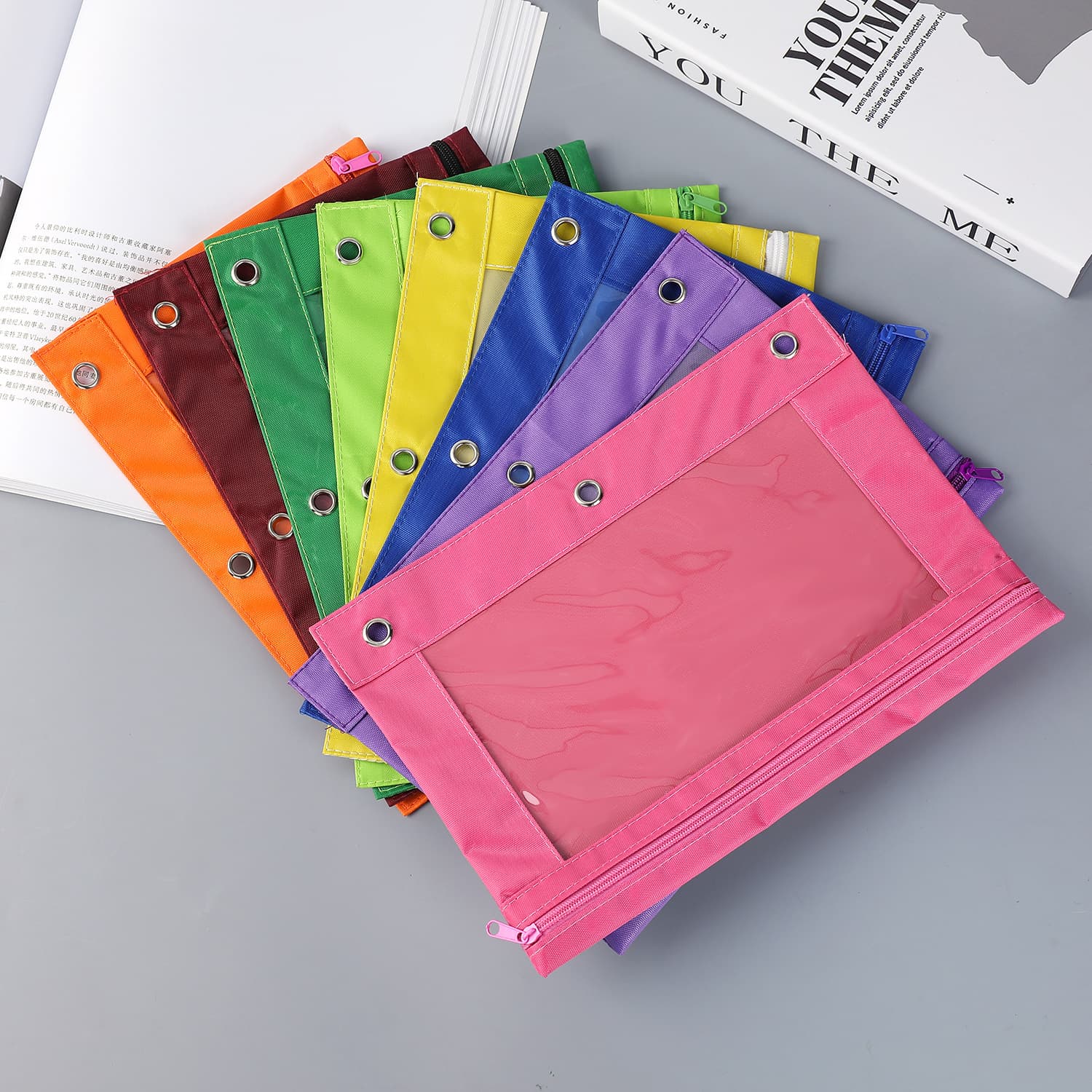 Tri-Hole Oxford Cloth Pencil Case Large Capacity Document Bag Air-Eye Loose-Leaf Clip Office Stationery Storage