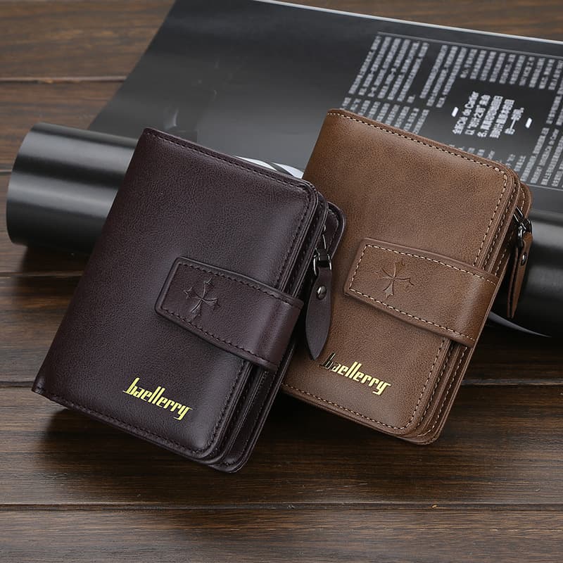 Cross-Border Stock Large Capacity Buckle Wallet Multi-Functional Card Slots Men's Retro Short Zipper Money Clip Coin Purse