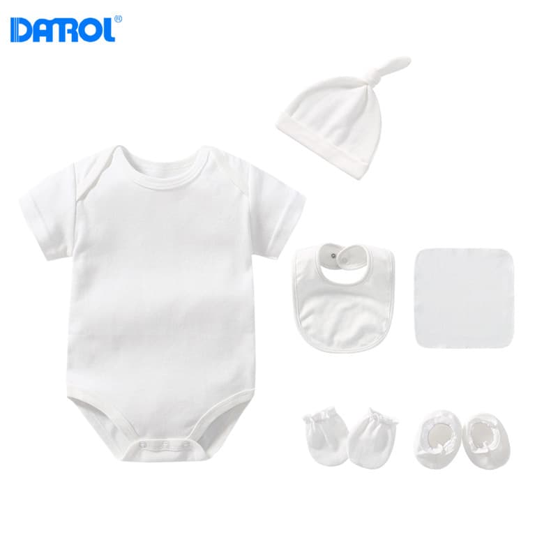 Baby Bodysuit Cotton Romper Set with Hat, Bib, Hand and Foot Mitts, and Square Towel
