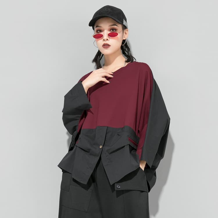 European and Korean Street Style Autumn/Winter Women's Dark Minimalist Color-Block Pullover Hoodie with Three-Quarter Sleeves T-Shirt, European and American Style
