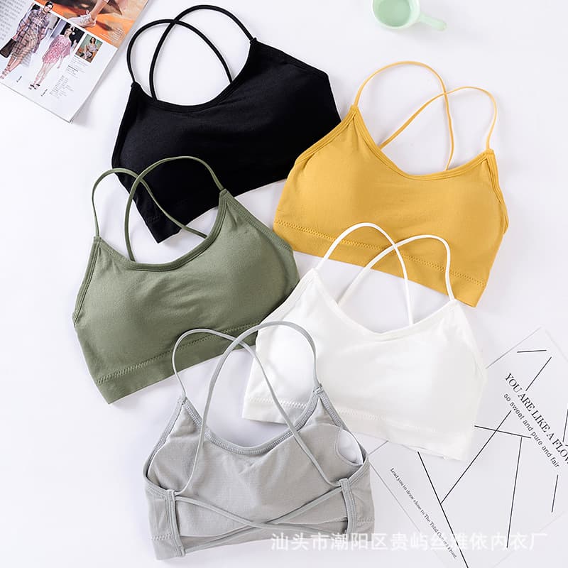New Seamless Cross Thin Strap Beautiful Back Wrap Bandeau with Pads, Base Layer Anti-Wardrobe Malfunction Wire-Free Sports Bra for Women