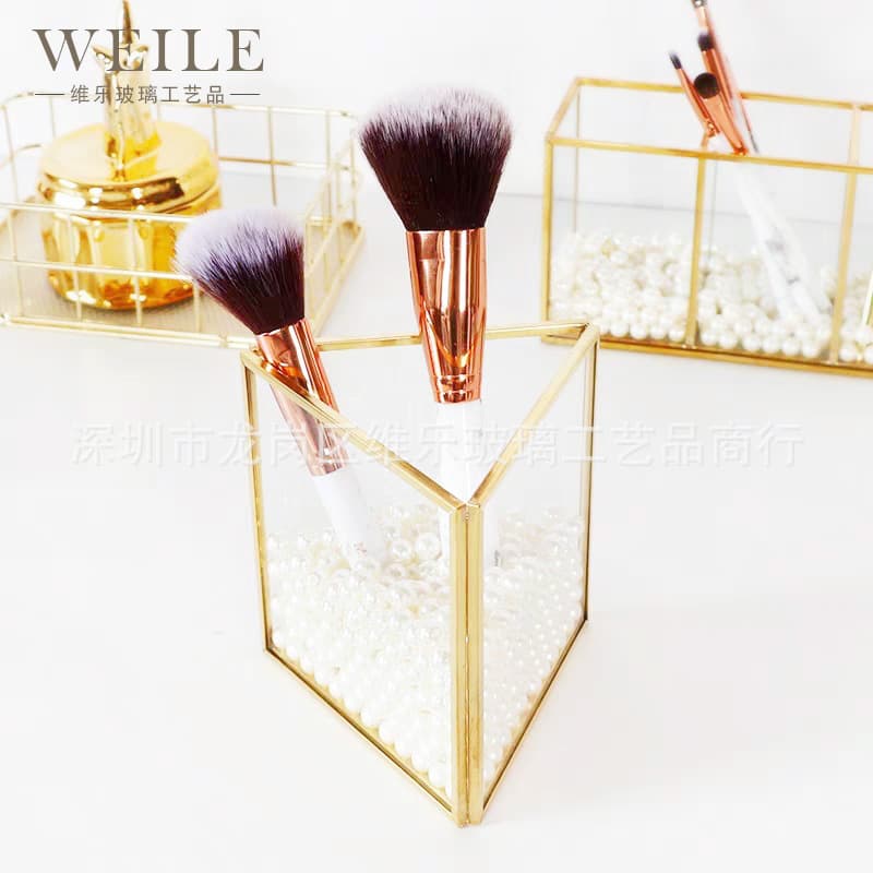 Glass Cosmetic Brush Bucket Copper Strip Glass Storage Box Wholesale Triangle Cosmetic Brush Eyebrow Brush Bucket