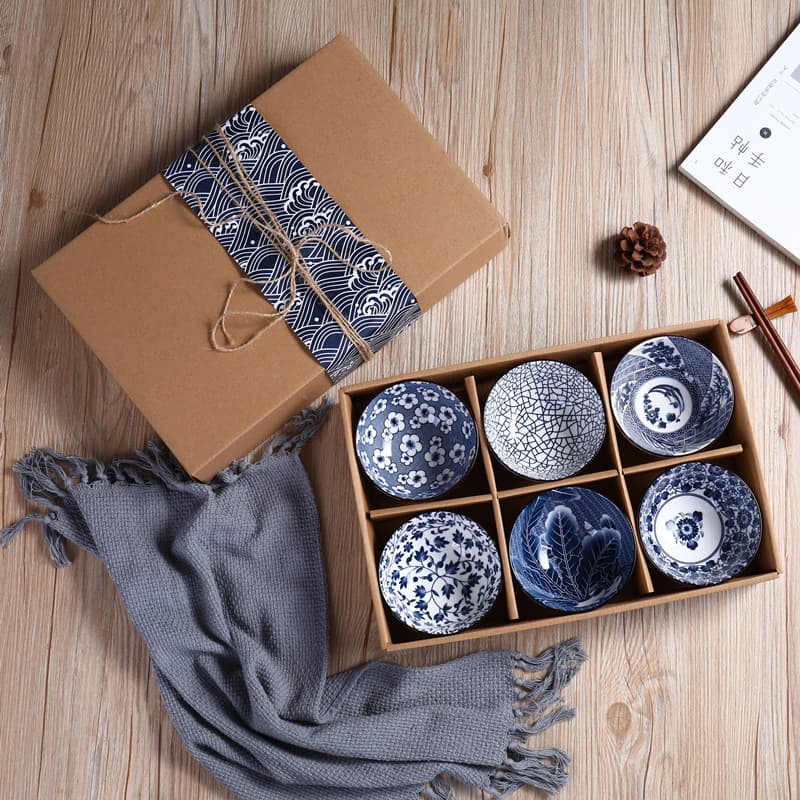 Japanese-style ceramic tableware gift bowl set, creative ceramic bowl gift box, blue and white porcelain bowl, event gift.