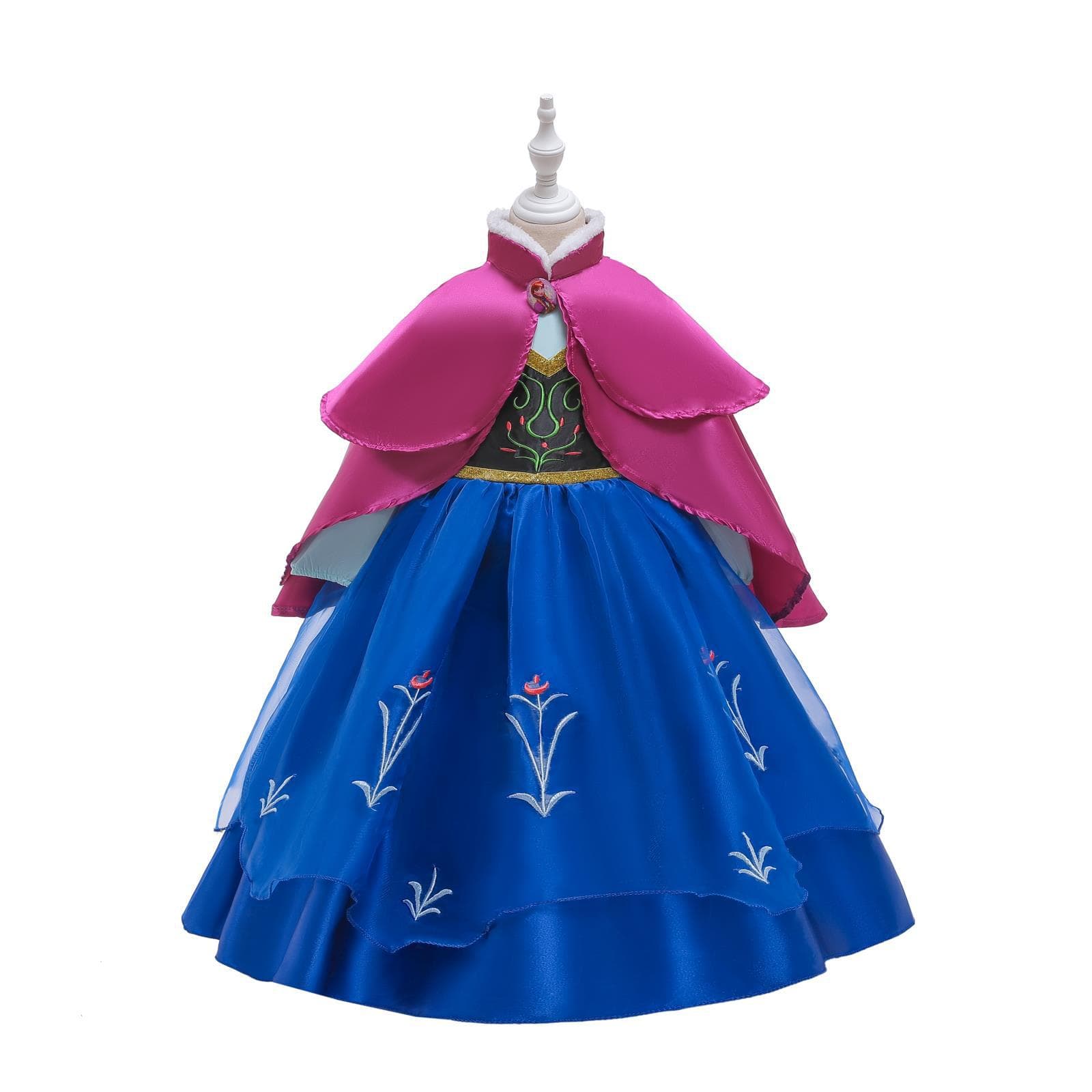 2024 Autumn/Winter Frozen Princess Dress Halloween Girls' Anna Long Sleeve Fur Collar Dress Embroidered Mesh Skirt