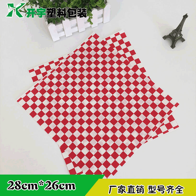 American-style red checkered pizza absorbent and greaseproof paper for French fries, chicken wings, fried foods, and hamburger patties - in stock.
