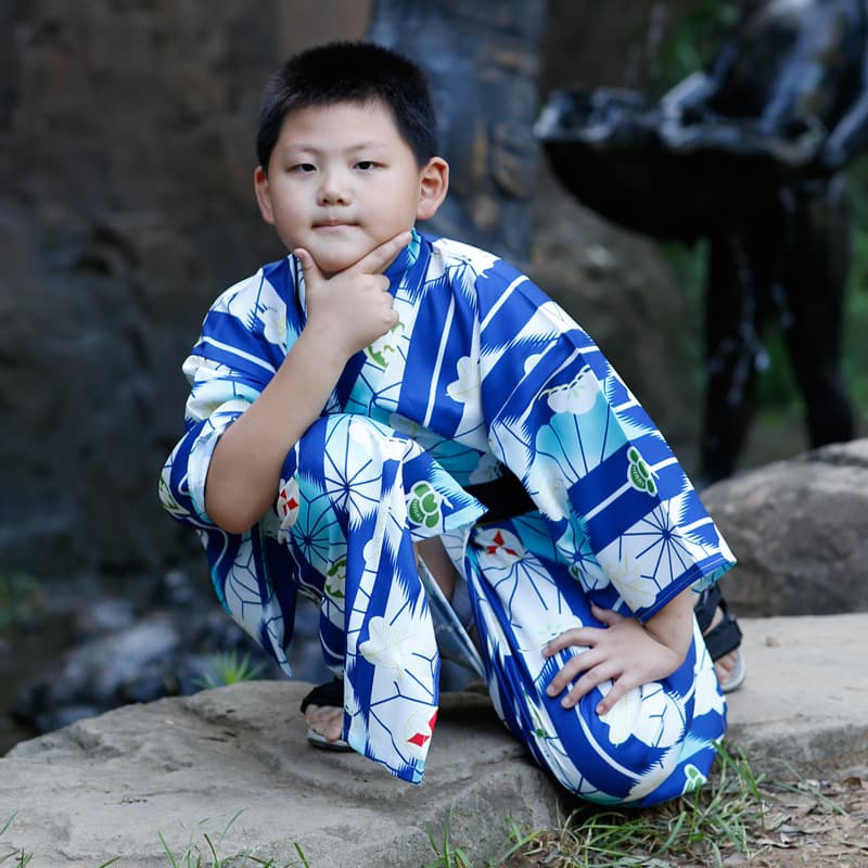Japanese kimono boy's blue sword rain and wind traditional boy's kimono set