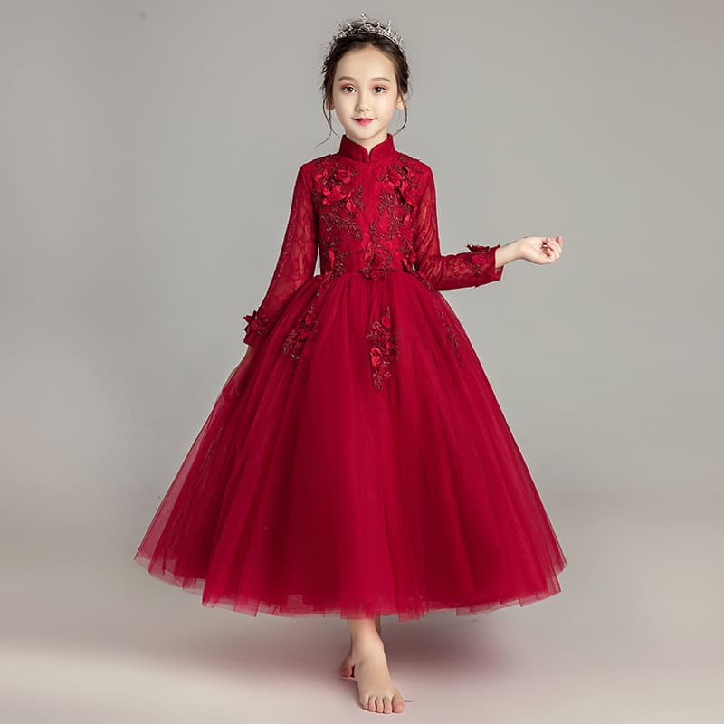 Girls birthday princess dress long-sleeved evening dress puffy yarn children's piano performance dress little girl New Year's greeting dress