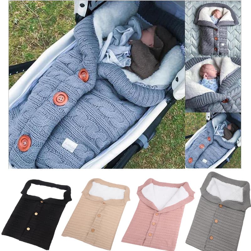 Wool-knitted fleece-lined, thickened button sleeping bag; warm and prevents startle reflexes; suitable for outdoor baby strollers.
