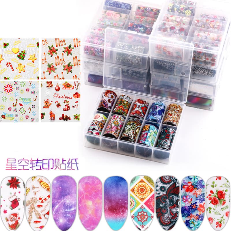 Nail Art Starry Sky Stickers Aurora Cellophane Christmas Nail Stickers Transfer Paper Iridescent Laser Paper Combo Set Tools