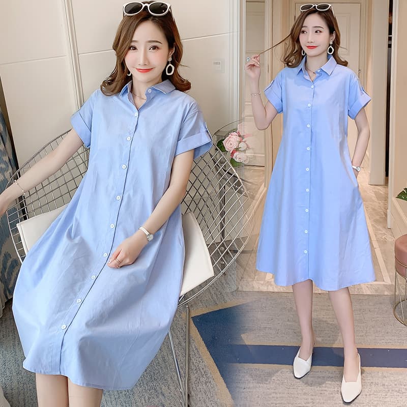 Maternity Dress Summer Short Sleeve Fashion Shirt Dress Cotton Loose Turn-down Collar Maternity Dress with Nursing Access