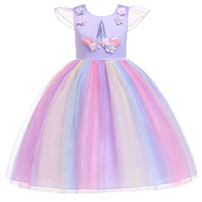 New European and American Children's Christmas Princess Rainbow Tulle Unicorn Flower Girl Dress