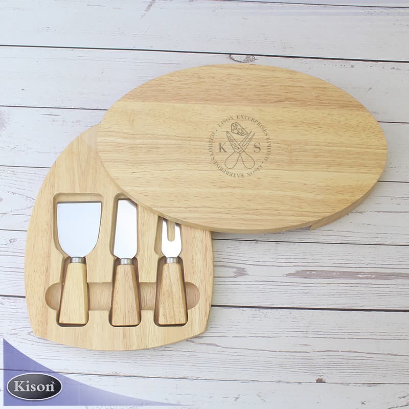 Oval Rubberwood Cheese Board Wood Box 4-Piece Set Cheese Knife Pizza Cutter
