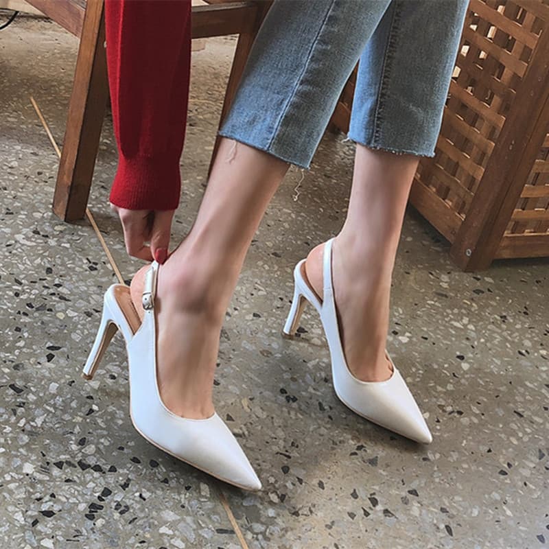 2023 New Chanel-style Pointed Toe Open Back High Heels Shallow Mouth Thin Heel One-strap Buckle Women's High Heel Closed Toe Sandals