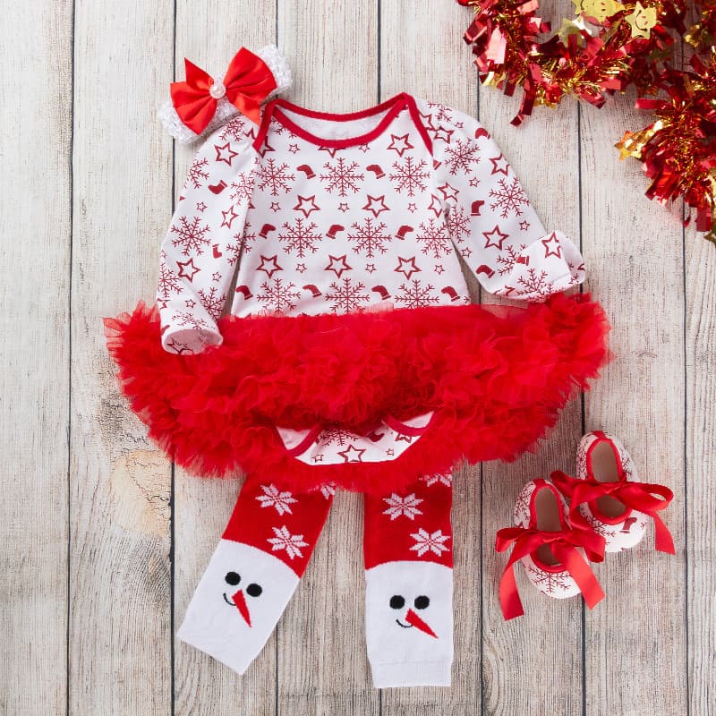 New Christmas Children's 4-Piece Set Autumn/Winter Long-Sleeve Bodysuit Dress Tutu Dress Mesh Skirt Toddler Shoes Socks Wholesale