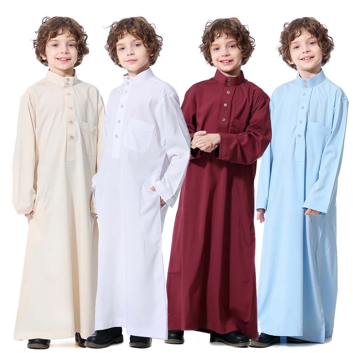 Cross-border Hot Selling Stock Youth Boys Stand Collar Solid Color Long Gown Ethnic Costume TH877