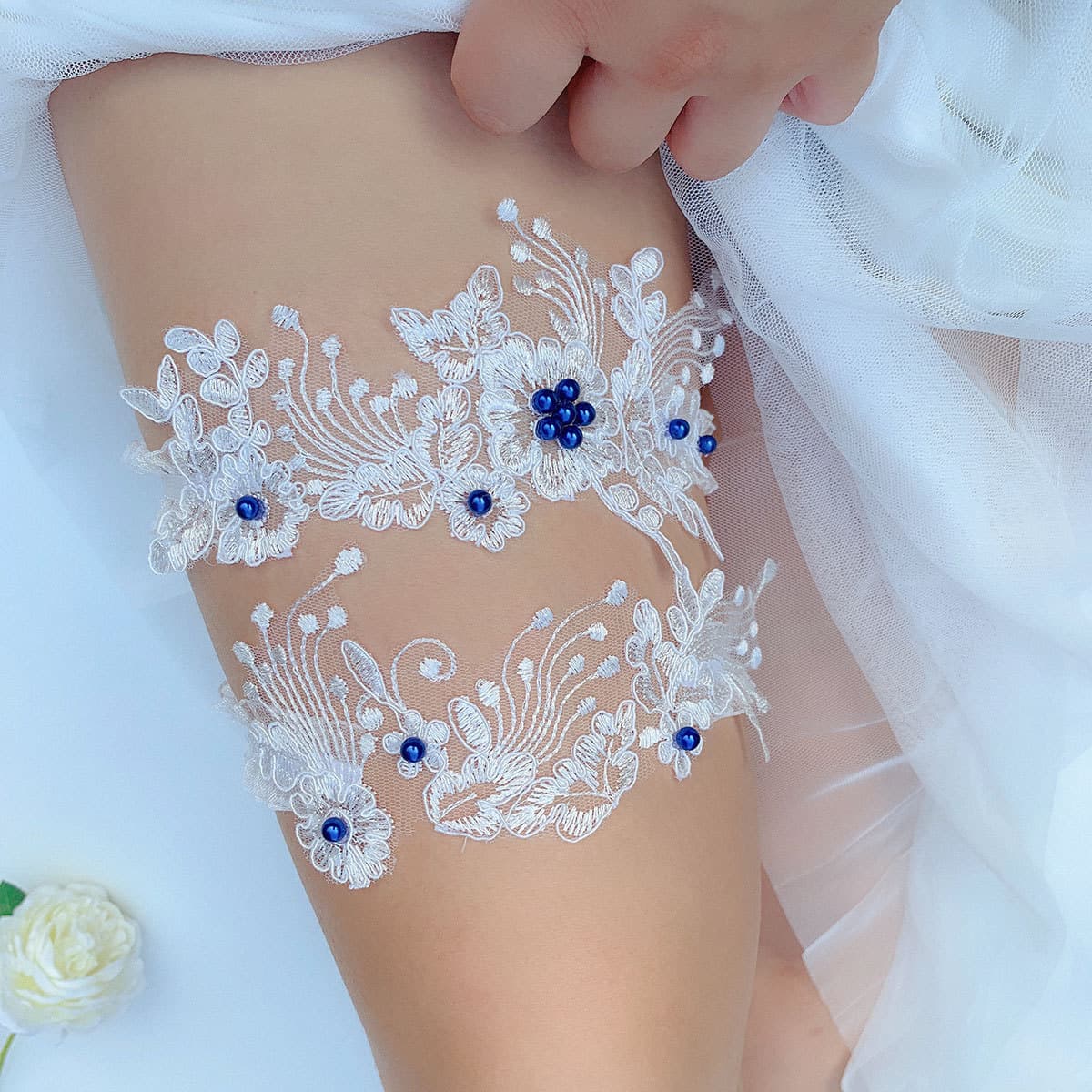 LW34 Cross-border Foreign Trade, European and American Bridal Lace Garter, Blue Pearl Garter, Sexy Elastic Leg Ring Factory