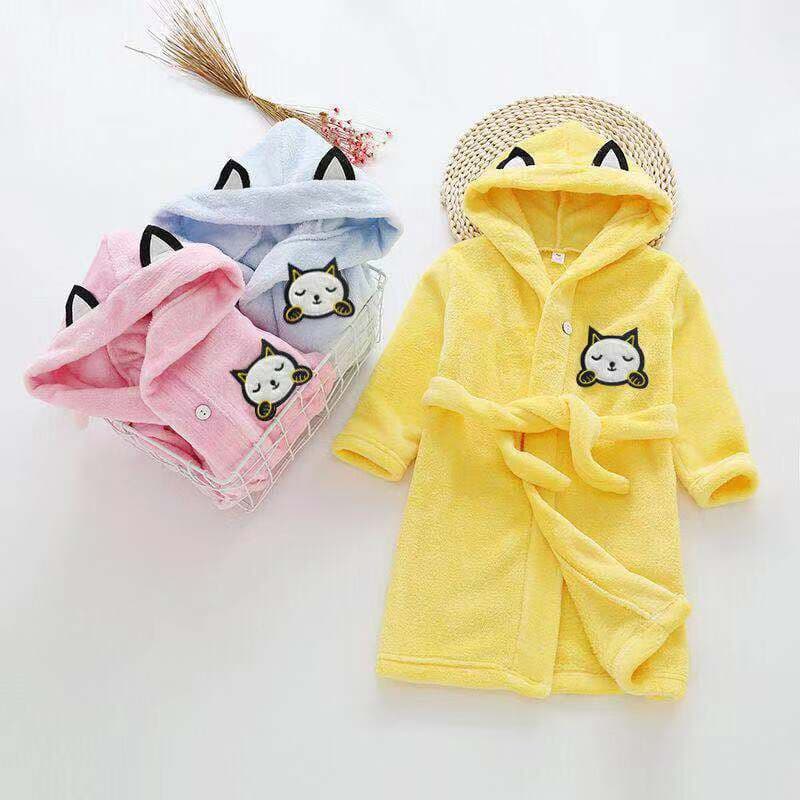 Children's Bathrobe New Style Small and Medium Kids Homewear Boys and Girls Single Layer Double-Sided Velvet Tie Bathrobe Home Cute