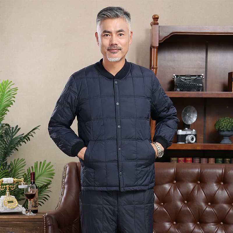 New Autumn/Winter Middle-Aged and Elderly White Duck Down Silk Inner Lined Pants Two-Piece Set Dad Feather Silk Suit Thickened Men's Set