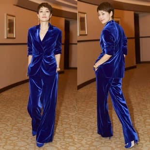 New Autumn Mary Celebrity Style Plus Size Velvet Suit Set, Blazer and Wide-Leg Pants Two-Piece for Overweight Women