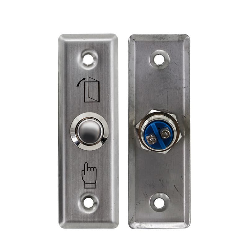 Long, rectangular stainless steel switch, exit button switch, access control switch, access control reset switch, doorbell.