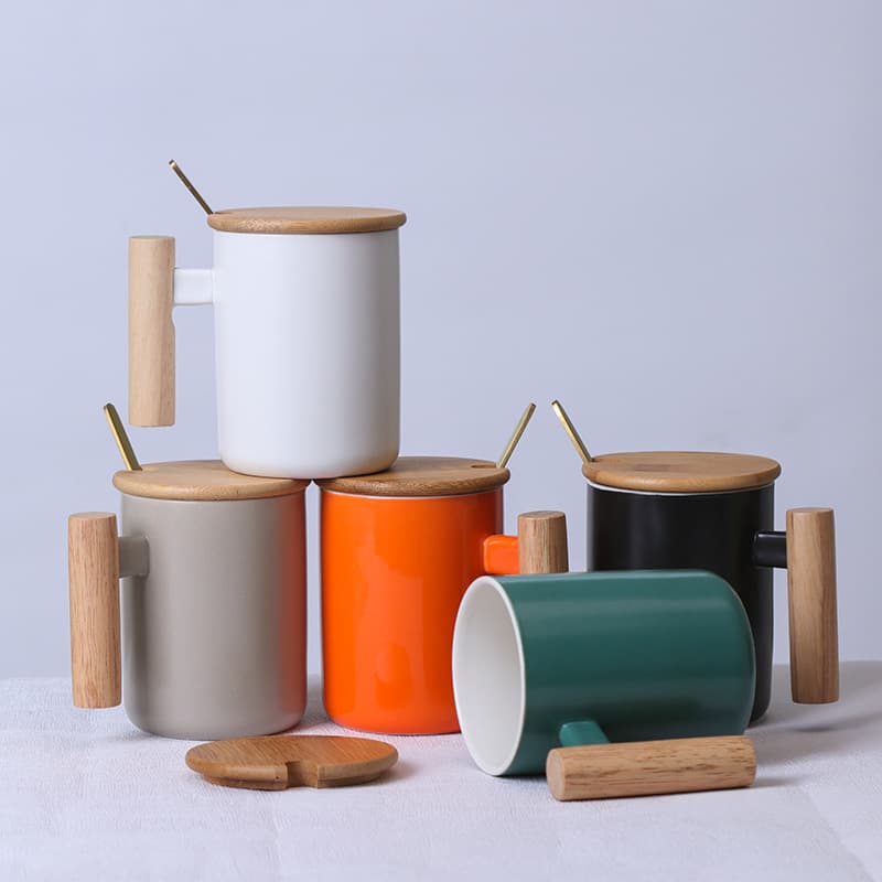 Nordic ceramic mug, creative wooden handle cup, simple literary water cup, coffee milk cup, gift with printed logo