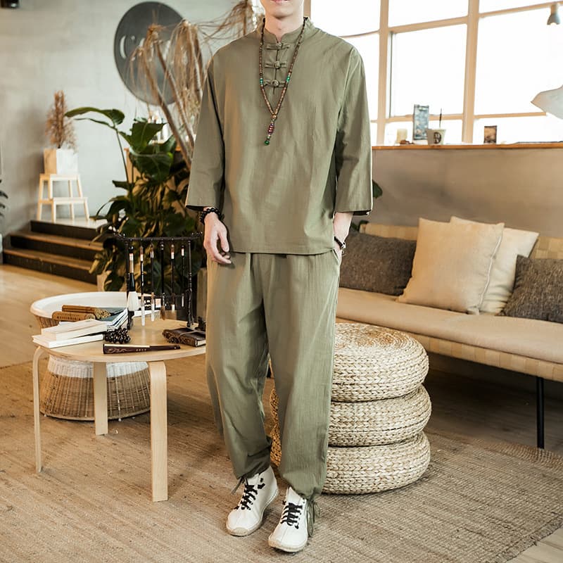 Yoga Clothing Zen Tea Outfit Layman Suit Chinese Style Tang Suit Modified Hanfu Men's Seven-Sleeve T-Shirt Set