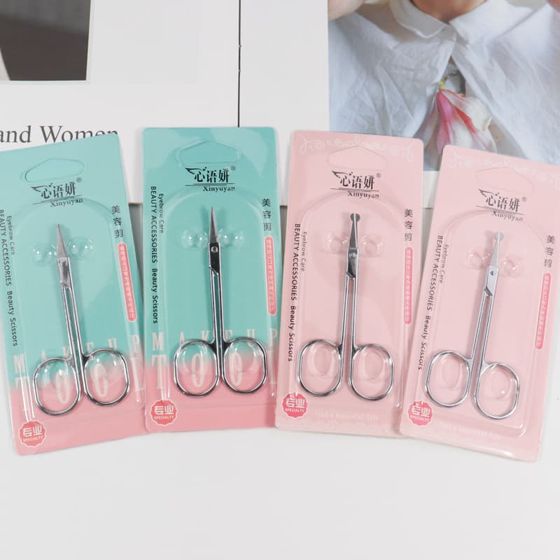 Manufacturer supplies stainless steel beauty scissors for women's eyelashes, eyebrows, and makeup; small scissors with pointed round tips and straight nose hair trimmers.