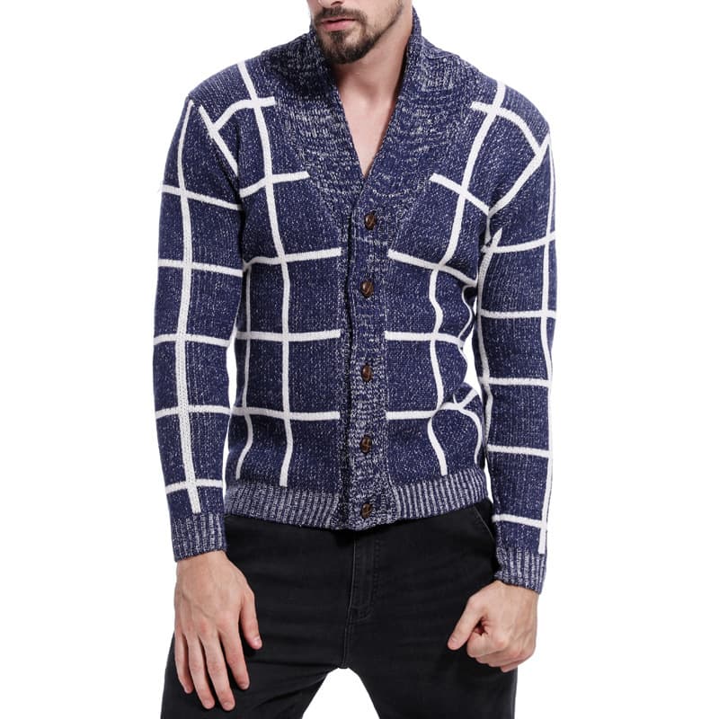 Amazon Cross-Border Men's Wear Thickened Plaid Turn-Down Collar Sweater Cardigan European/American Trendy Warm Knitwear Outerwear Top