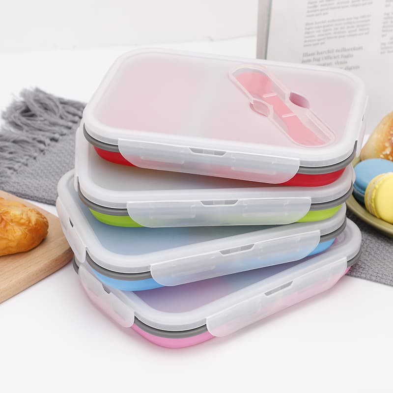 Food-grade 2-compartment foldable silicone lunch box with spoon and fork set microwave fresh-keeping silicone lunch box with compartments