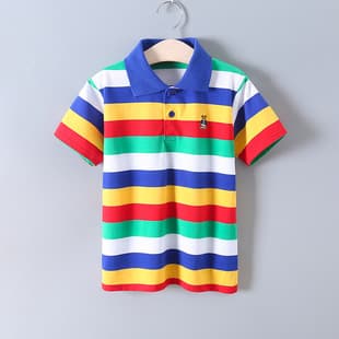 Boys and Girls Short Sleeve T-Shirt, Pure Cotton Summer Kids Tee, Striped Polo Shirt with Turn-Down Collar for Older Children
