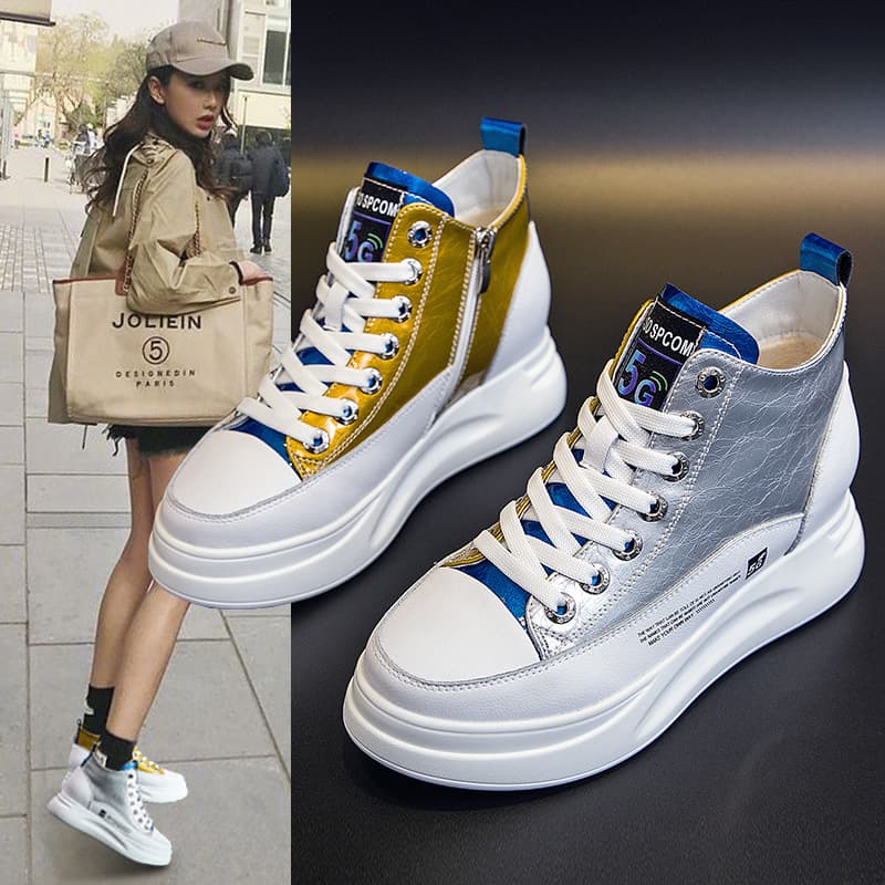 High-top White Sneakers for Women 2026 Spring New Style, Internet-famous Inner Heightening Chunky Sole White Shoes, Genuine Leather Color-blocking Skate Shoes