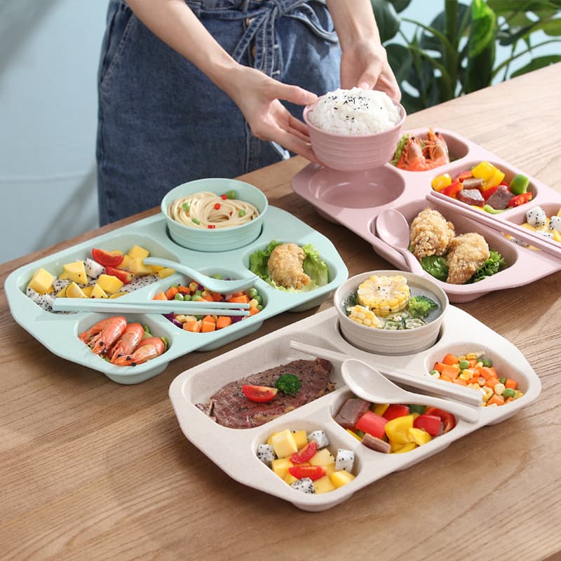 Large Capacity Wheat Straw Dinner Plate Five Grids Fast Food Restaurant Home Use Deep Divided Plate Plastic Main Course Plate