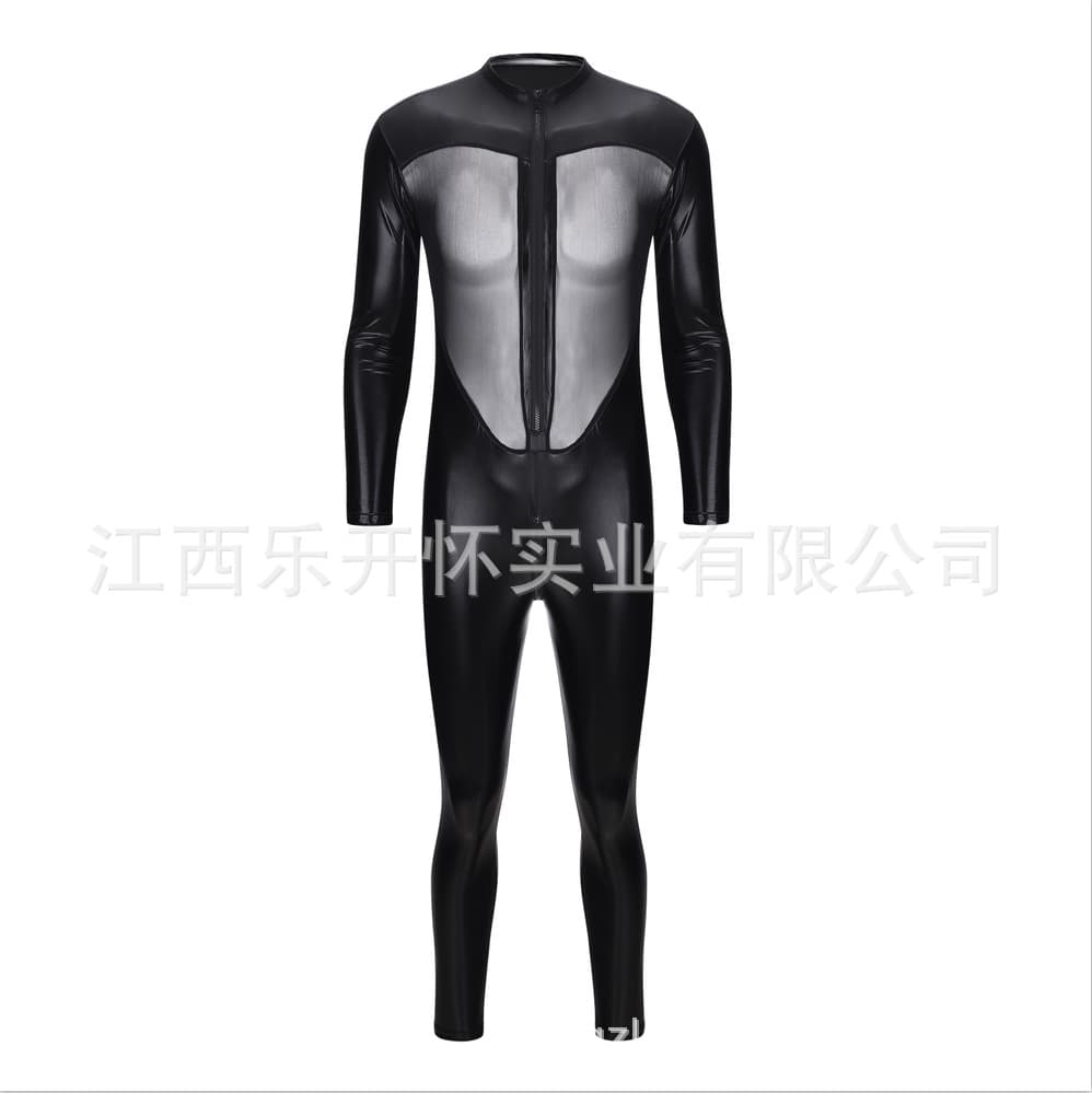 European and American men's sexy underwear, patent leather mesh splicing jumpsuit, nightclub stage ds performance clothing, factory direct sales