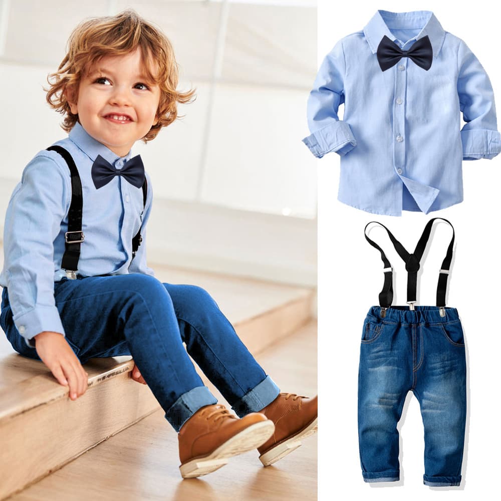 Cross-border e-commerce boys' long-sleeved collared shirt, denim overalls, children's formal wear, banquet attire.