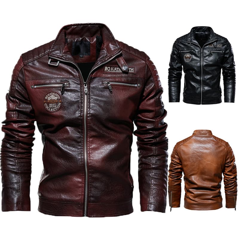 Cross-border Hot Selling European and American Men's PU Leather Jacket Motorcycle Coat with Fleece Lining
