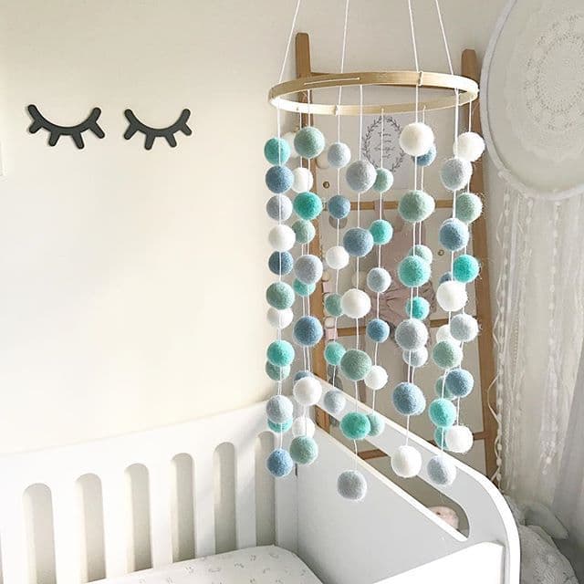 INS Nordic Style Pom Pom Circle Wind Chime Mobile for Baby Crib, Kids Room Decoration, Living Room Store Decor Photography Prop
