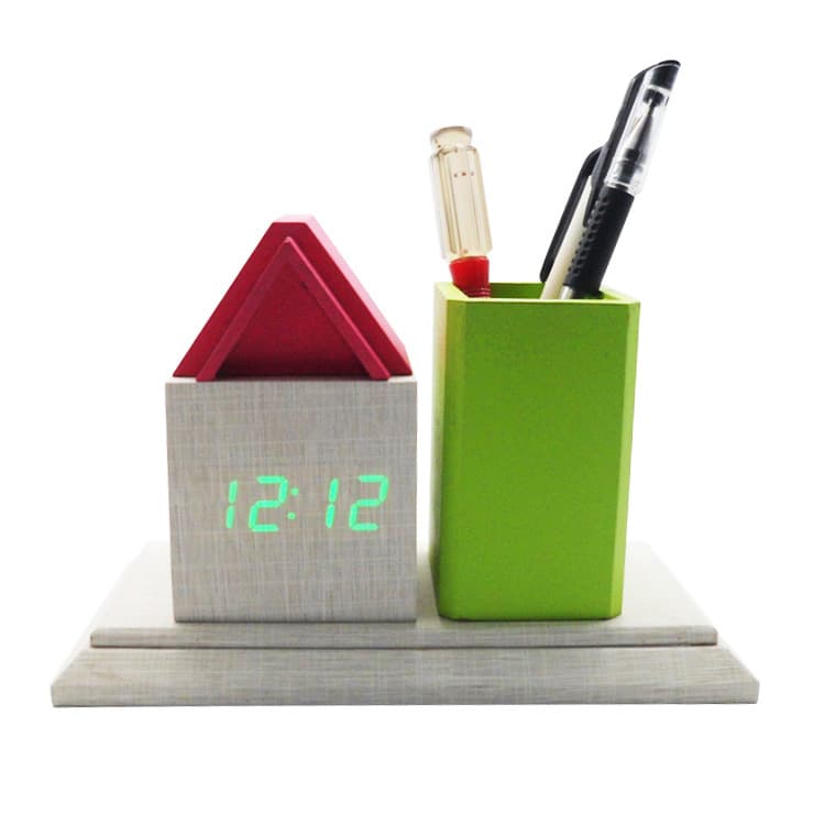 Novel Creative Office Desktop LED Wooden Clock Digital Pen Holder Wooden Clock Creative Electronic Alarm Clock