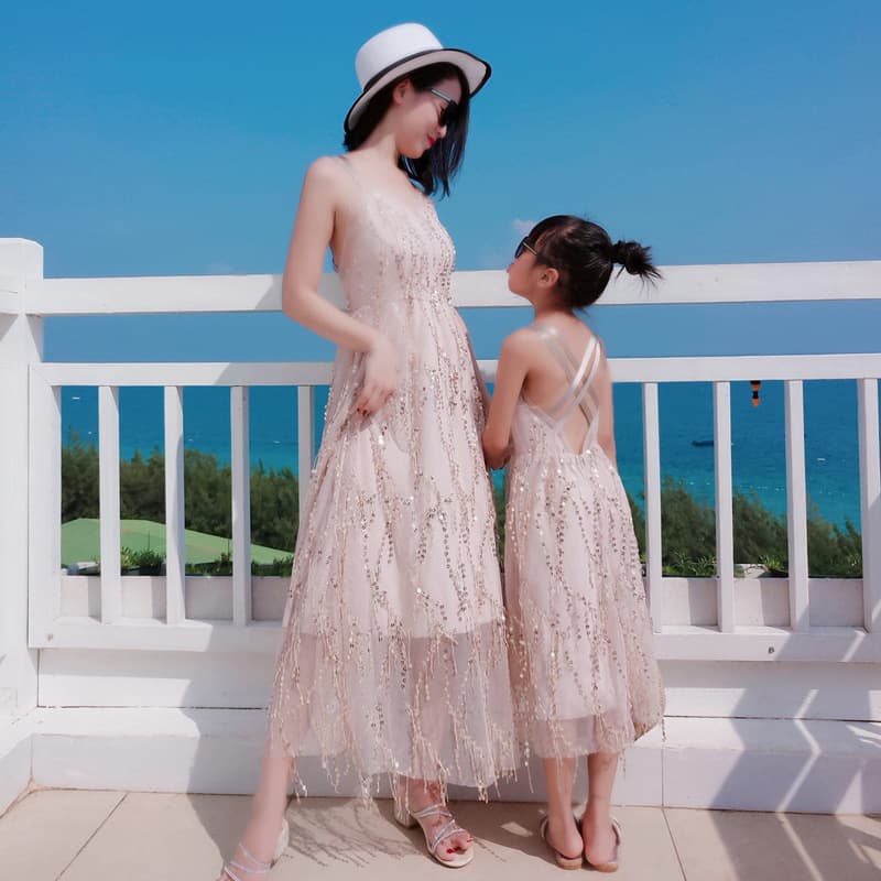 2023 New Summer Mother-Daughter Matching Beach Sequin Halter Backless Dress Long Dress for Seaside Vacation
