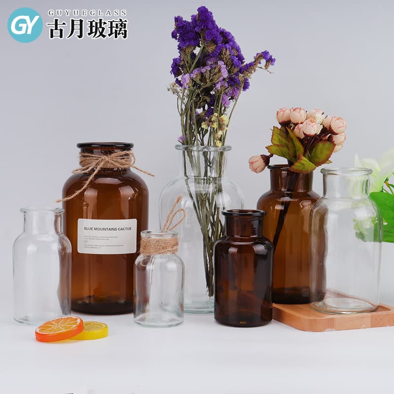 Simple transparent colored glass hydroponic dried flower vase home decoration ornaments shooting props wide mouth reagent vase