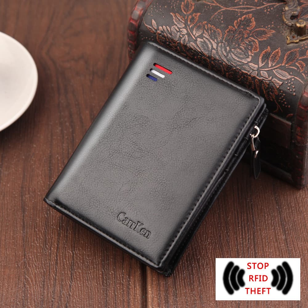 Men's Short PU Leather Wallet Zipper Retro Vertical Style RFID Anti-Theft Brush Soft Surface Multi-Functional Cash Clip Dacron