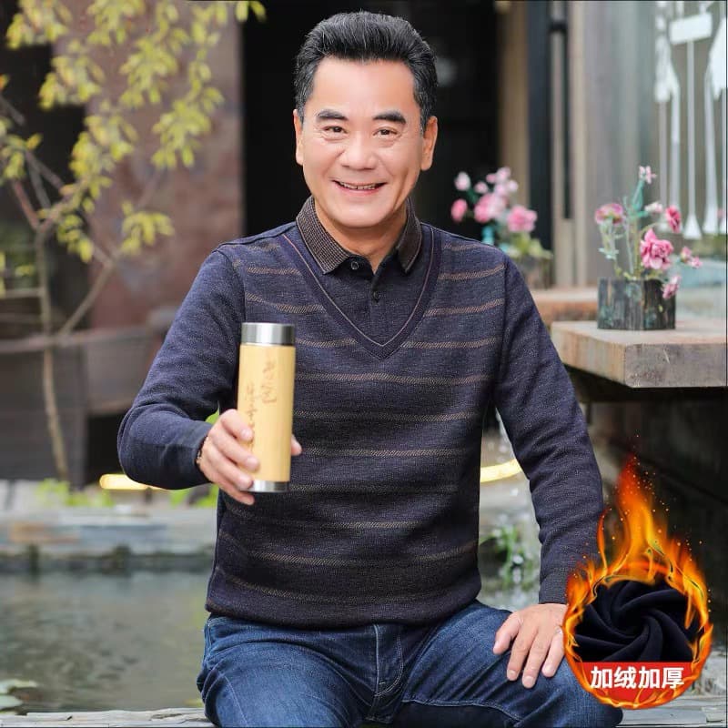 Middle-Age Fleece Lined Thick Sweater Men Middle-Aged & Elderly Warmth Fake Two-Piece Knitwear Dad Winter Clothing Loose Warm Top