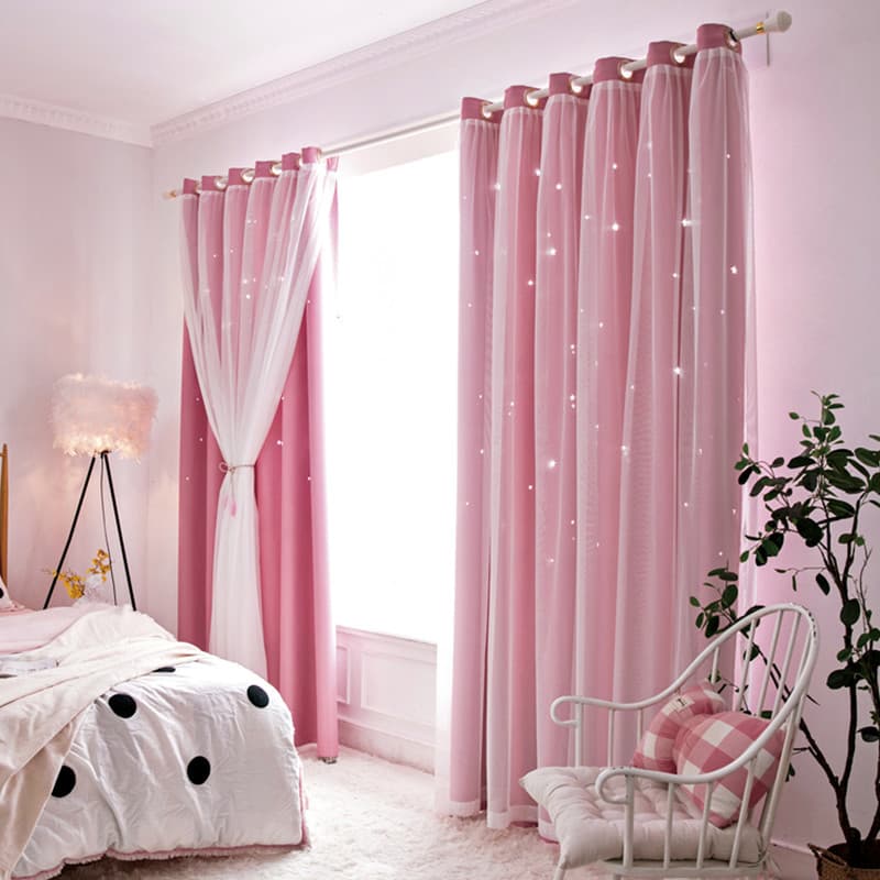 1 Amazon Hollow Star Curtain Same Style Lace Curtain Dreamy Princess Style High Shading Double Layer Curtain Ready-Made