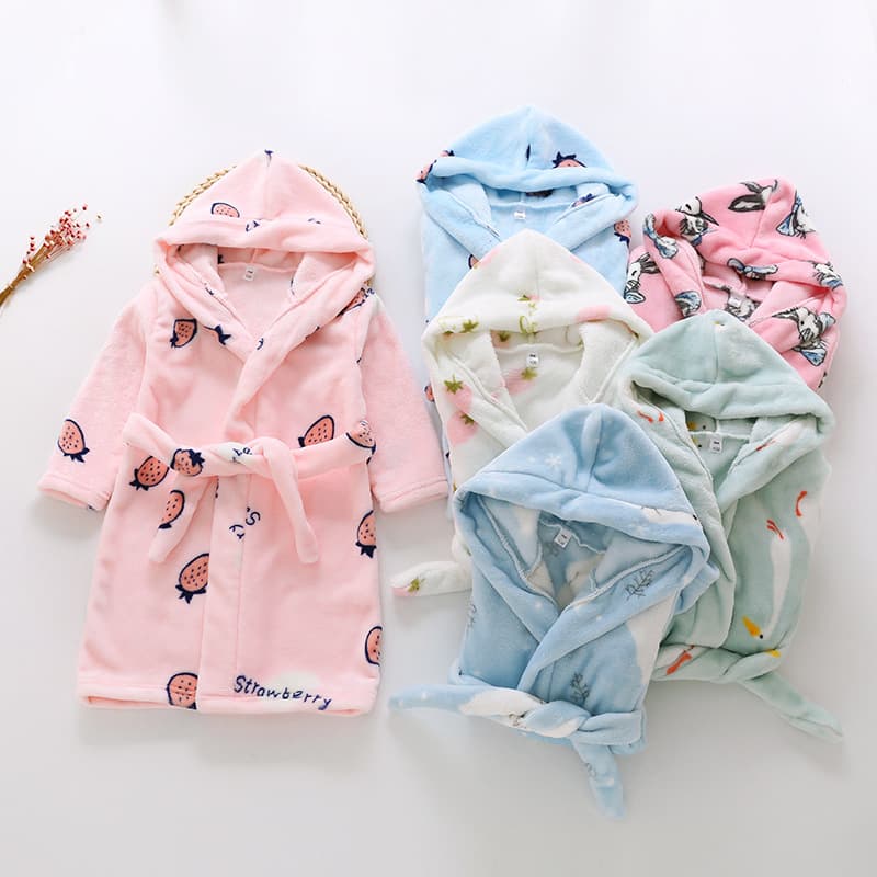 Children's Bathrobe Small/Medium Kids Flannel Loungewear Boy Girl Coral Fleece Pajama Tie-waist Robe Korean Style