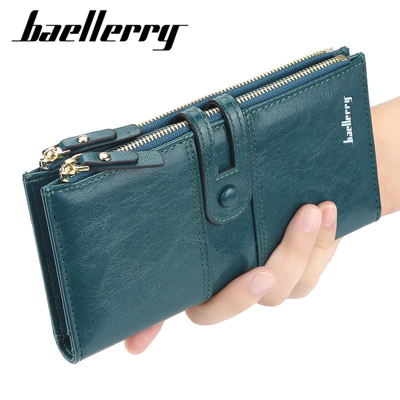 Baellerry Women's Wallet Korean Style Oil Wax Leather Large Capacity Buckle Handbag Long Multi-Card Slot Zipper Wallet