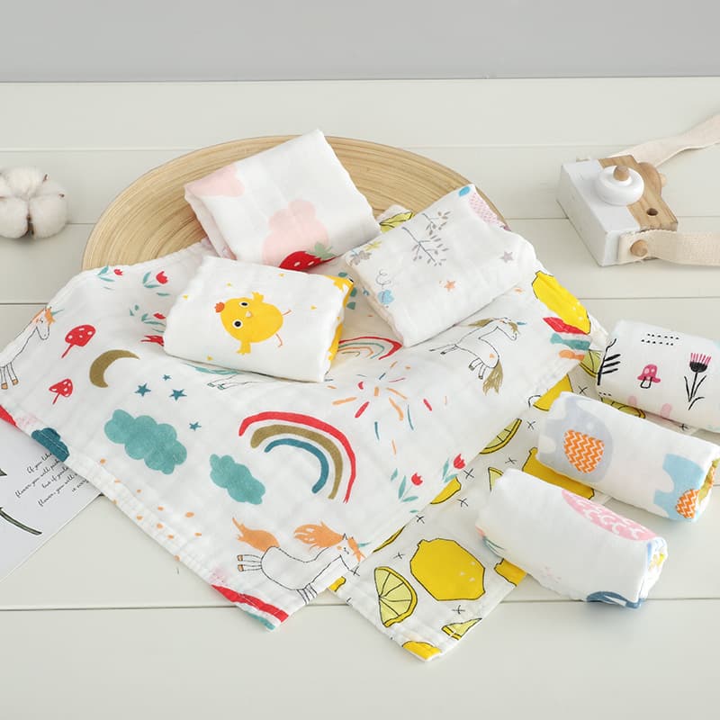 Six-Layer High-Density Pure Cotton Gauze Square Towel, Baby Class A Printed Face Towel, Children's Towel, Bib, Cotton Wholesale