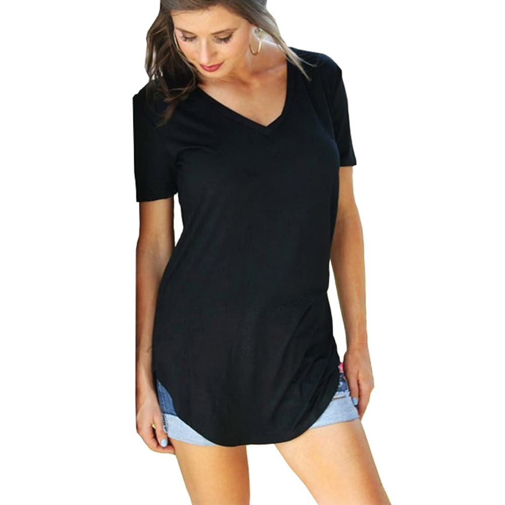 Wish Women Loose Fit Summer Top Pure Color V-neck Short Sleeve T-shirt Casual Comfortable Cotton Blend Fabric