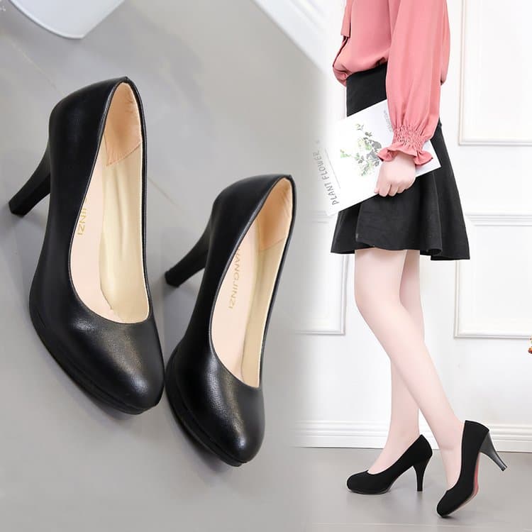 W8Cm Shallow Round-Toe Work Shoes for Women, Black Professional High-Heeled Shoes, Comfortable Soft Leather Commuter Shoes, Large Size 41-42