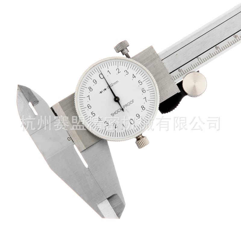 High-precision calipers with dial markings 0-150-200-300mm; dial indicates vernier calipers; silver bezel.