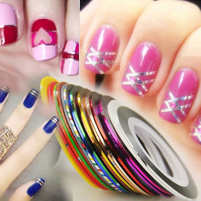 Wholesale Nail Art Decorations Gold and Silver Striped Lines with Adhesive, Ready to Apply, 10 Colors/Set