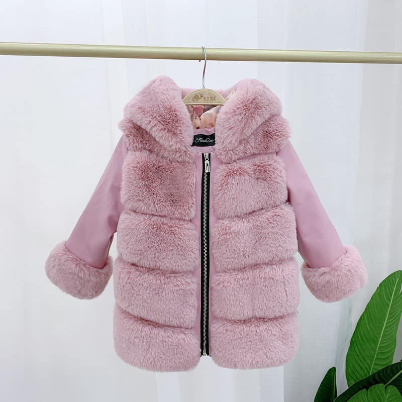 Korean style children's cotton-padded coat for autumn and winter, hooded faux fur coat for boys and girls, short style baby sweater.